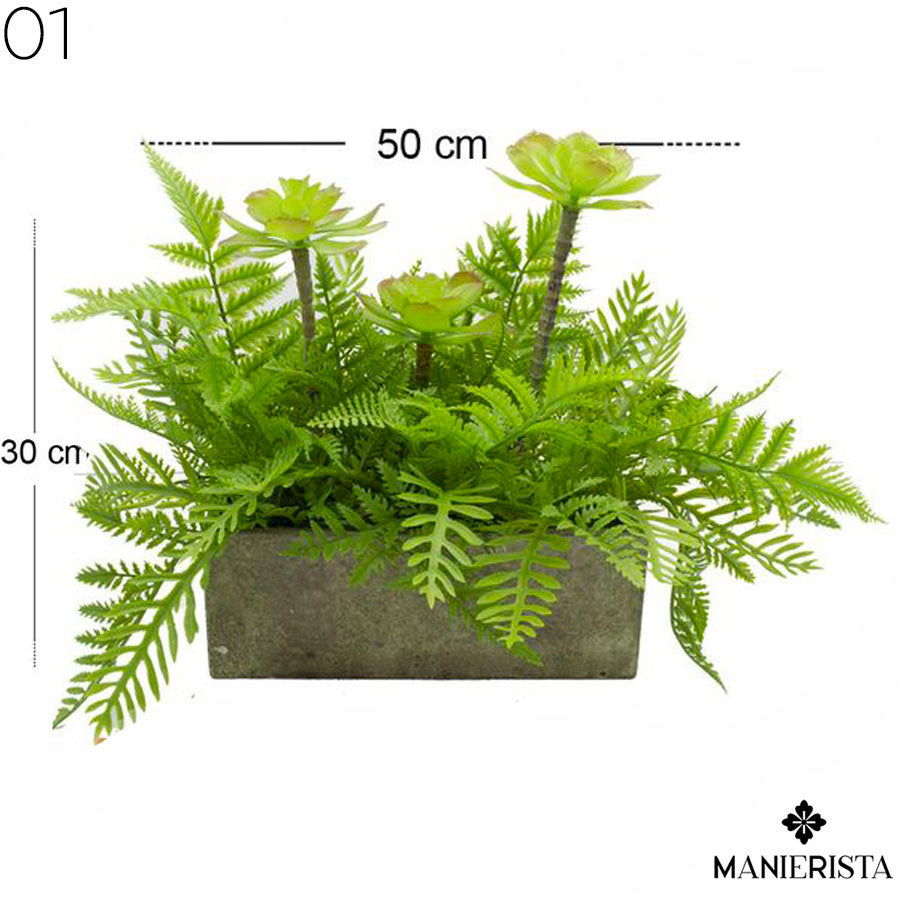 Vaso roccia con pianta di letizie e felce di bosco