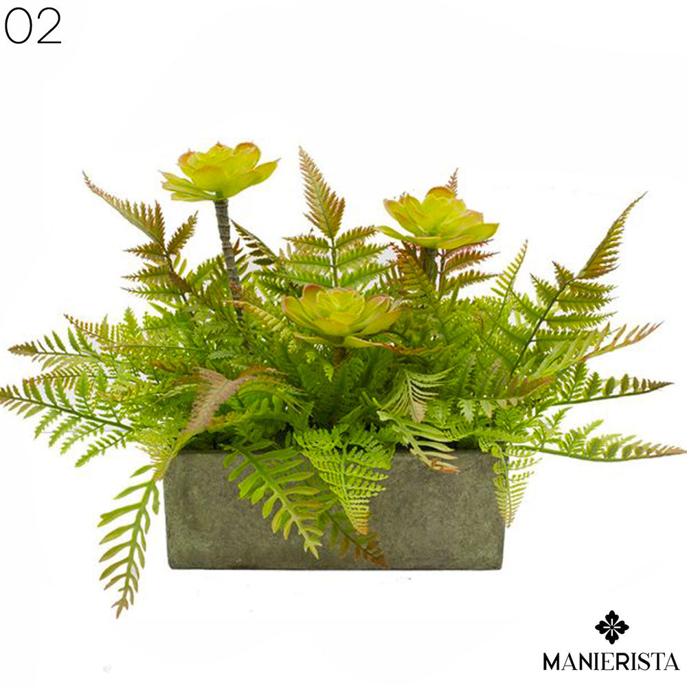 Vaso roccia con pianta di letizie e felce di bosco