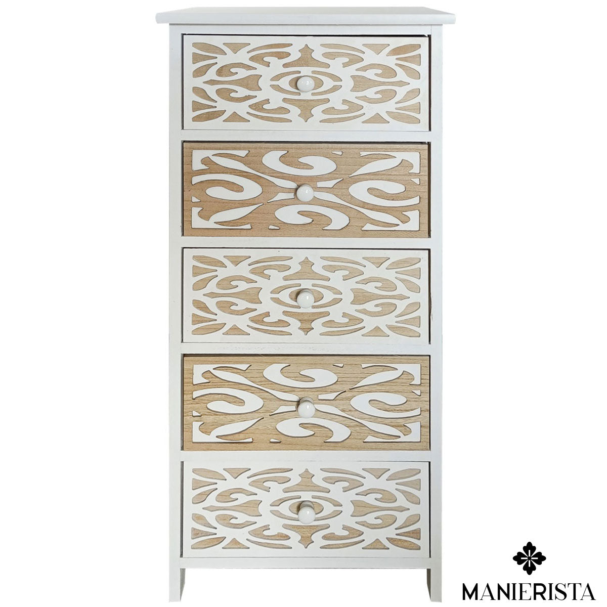 Mobiletto di legno intarsiato con 5 cassetti