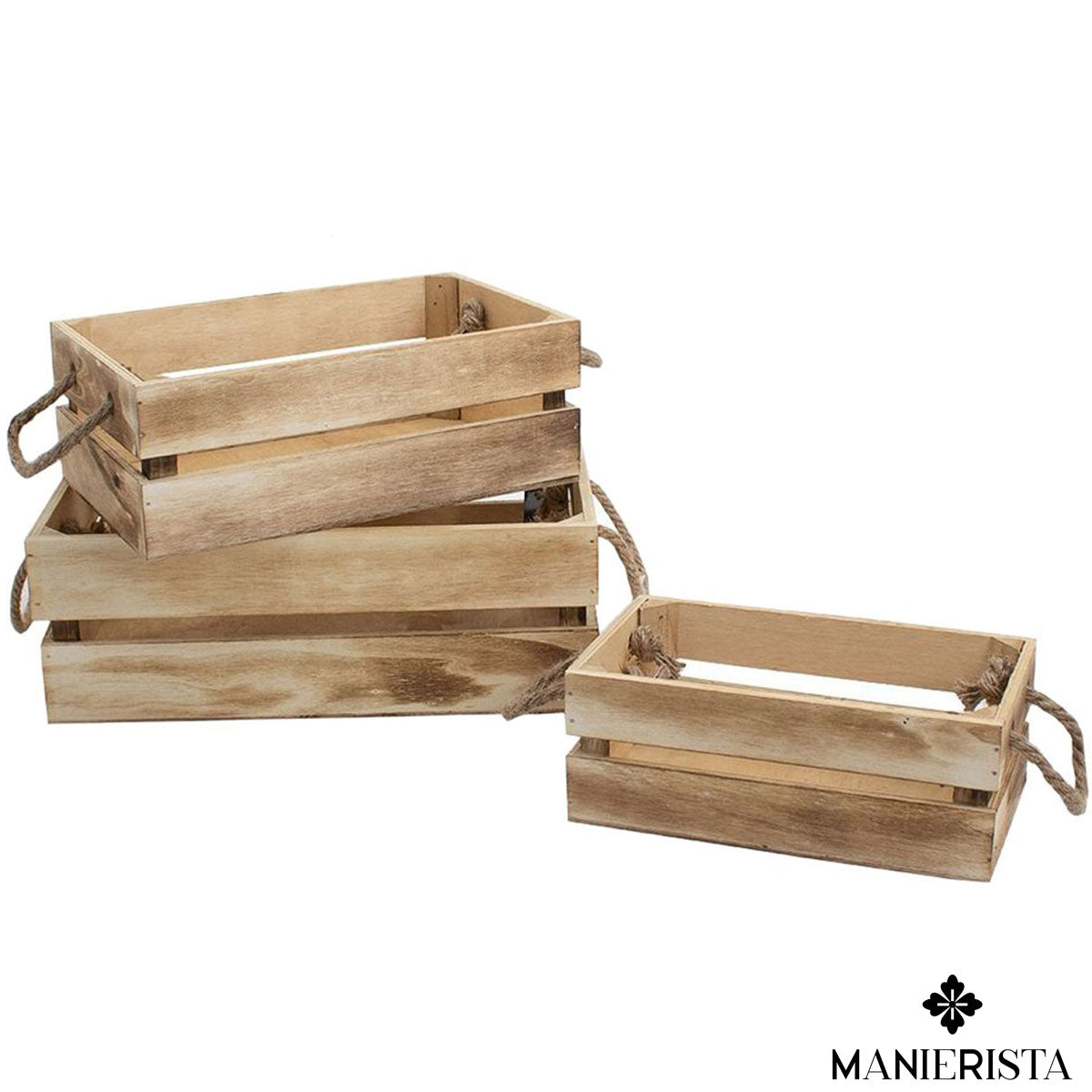 Set di tre cassette in legno con manici in corda