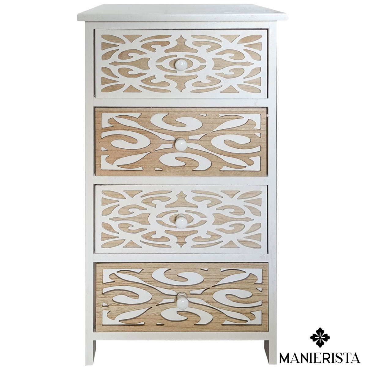 Mobiletto di legno intarsiato con 4 cassetti