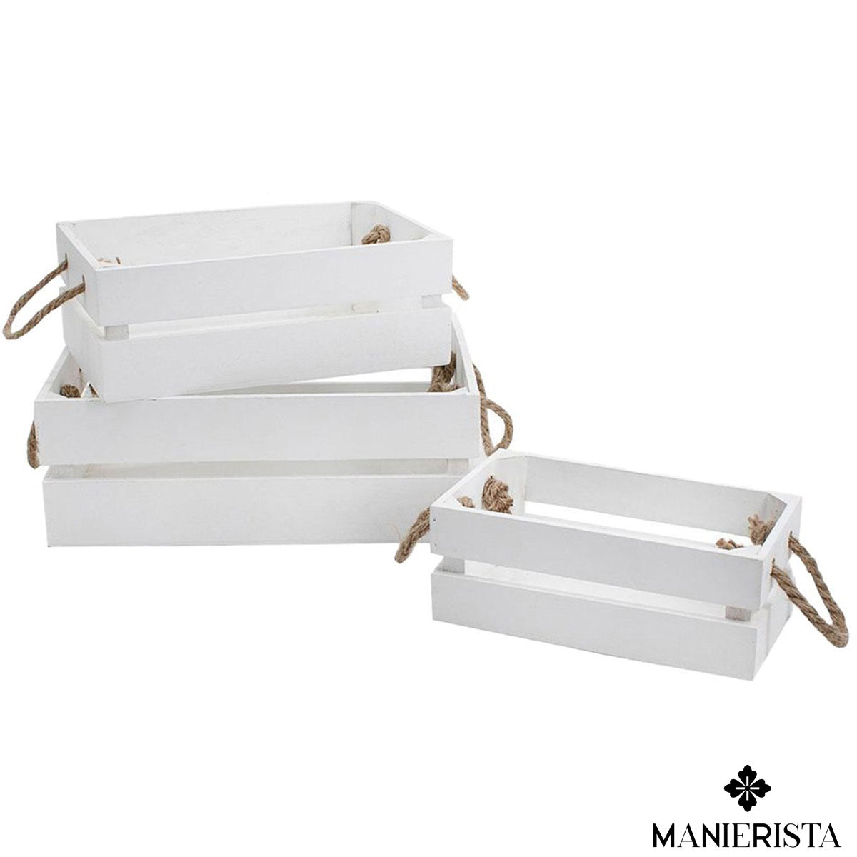 Set di tre cassette in legno con manici in corda