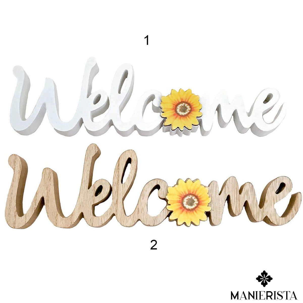 Scritta "Welcome" in legno con girasole