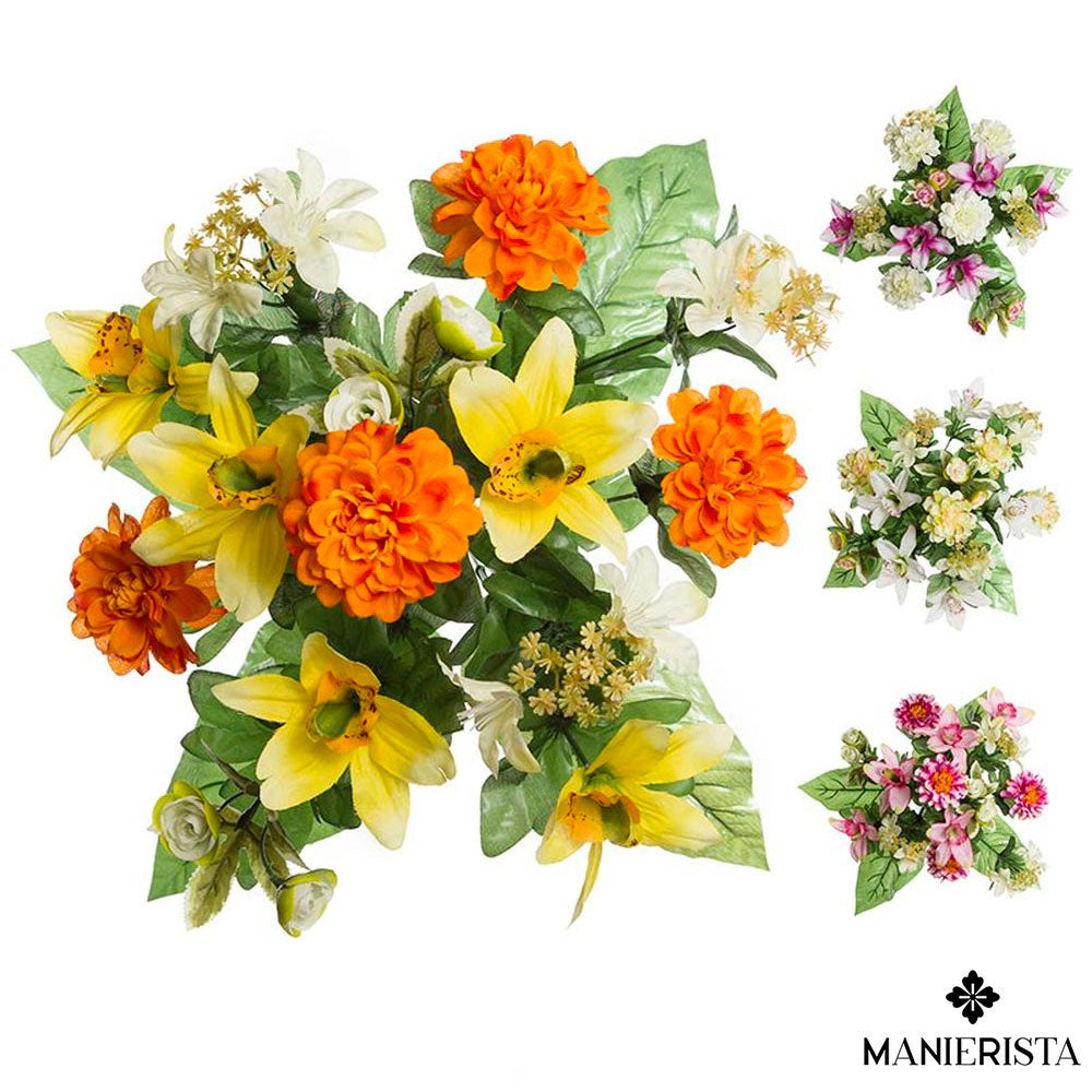 Bouquet di zinnie, orchidee e ranuncoli