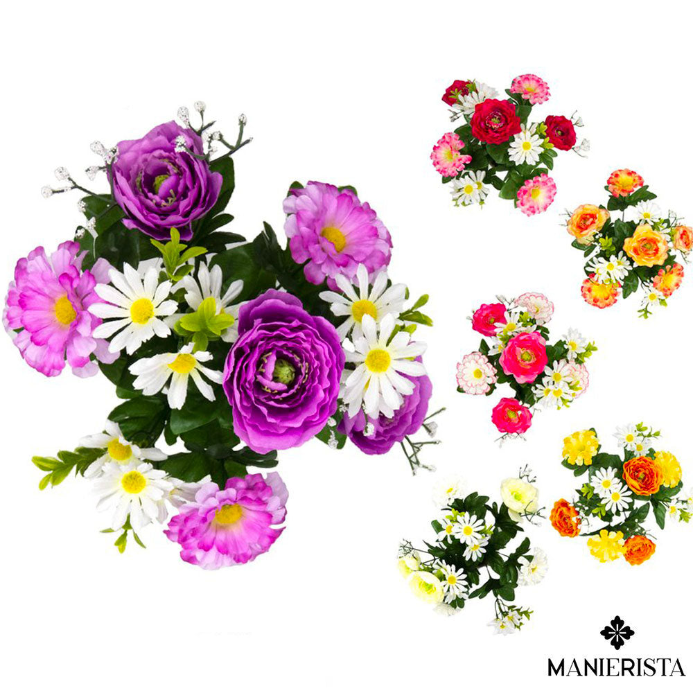 Bouquet di ranuncoli, zinnie e margheritine
