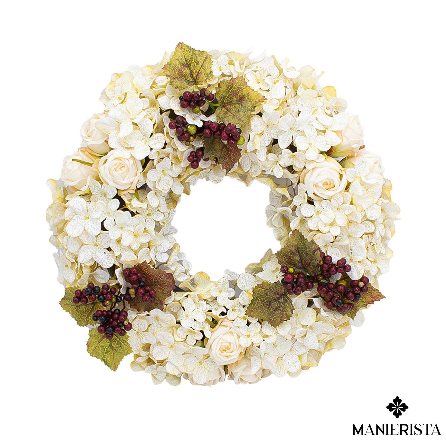 Corona di rose, ortensie e foglie di vite