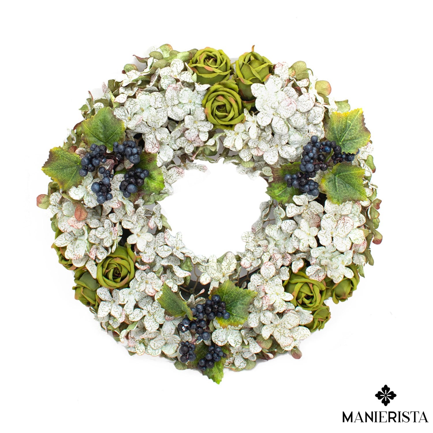 Corona di rose, ortensie e foglie di vite