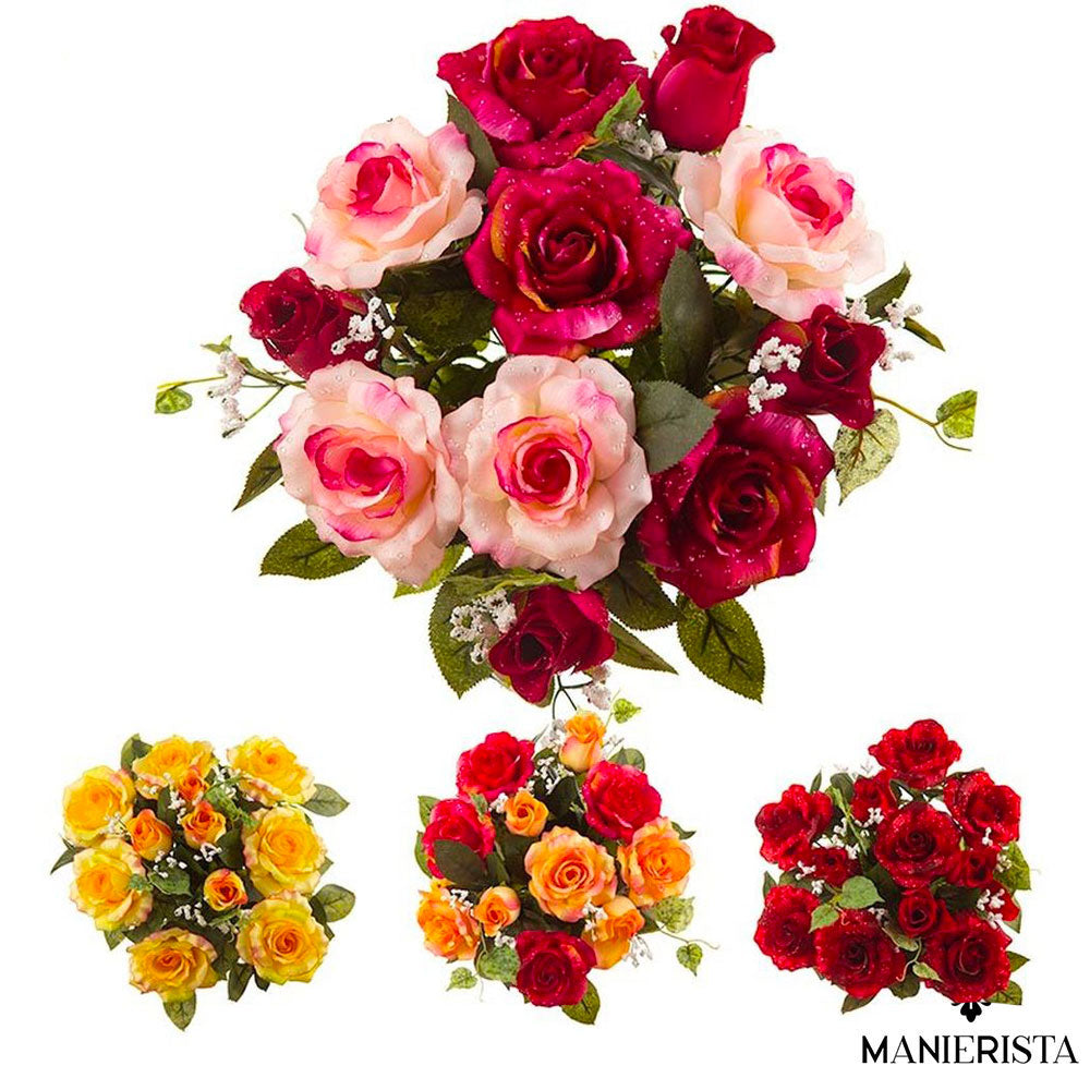 Bouquet di 480 Rose, Fiori Finti, Decorazione, Mazzo con Gambo e Foglie,  Boccioli Rossi, H: 26 cm, rosso