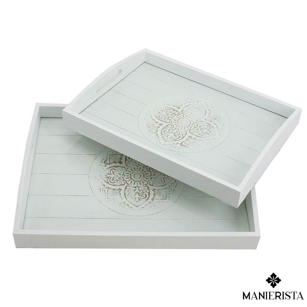 Coppia di vassoi in legno bianco e vetro